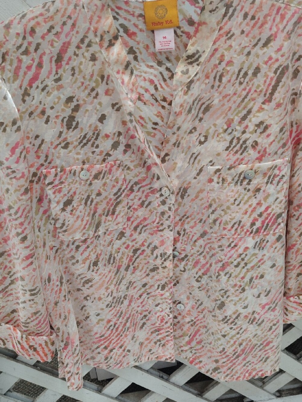 Ruby Rd. Pink and Tan Abstract Print Button-Front Shirt - Picture 2 of 4